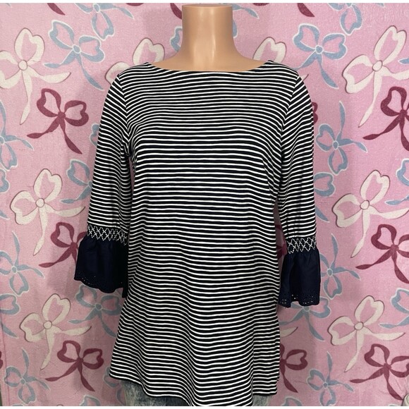 J. Jill Tunic Top Size Small Petite Navy Blue Striped Flutter Sleeve Blouse - Picture 1 of 11